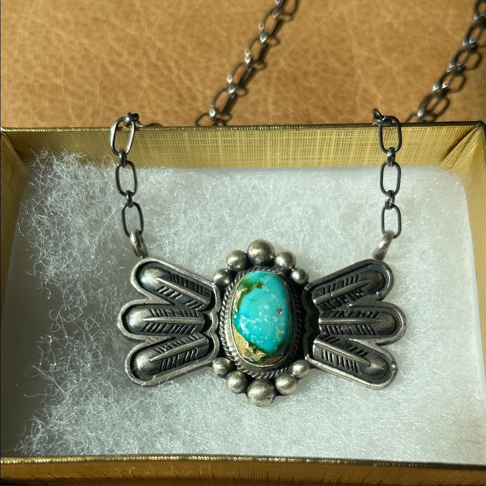Navajo made, Sonoran Gold Turquoise Silver Wing Pendant Necklace - Women Jewelry